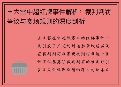王大雷中超红牌事件解析：裁判判罚争议与赛场规则的深度剖析